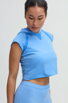 Women | Raw Edge Crop Short Sleeve Fleece Hoodie | Cornflower