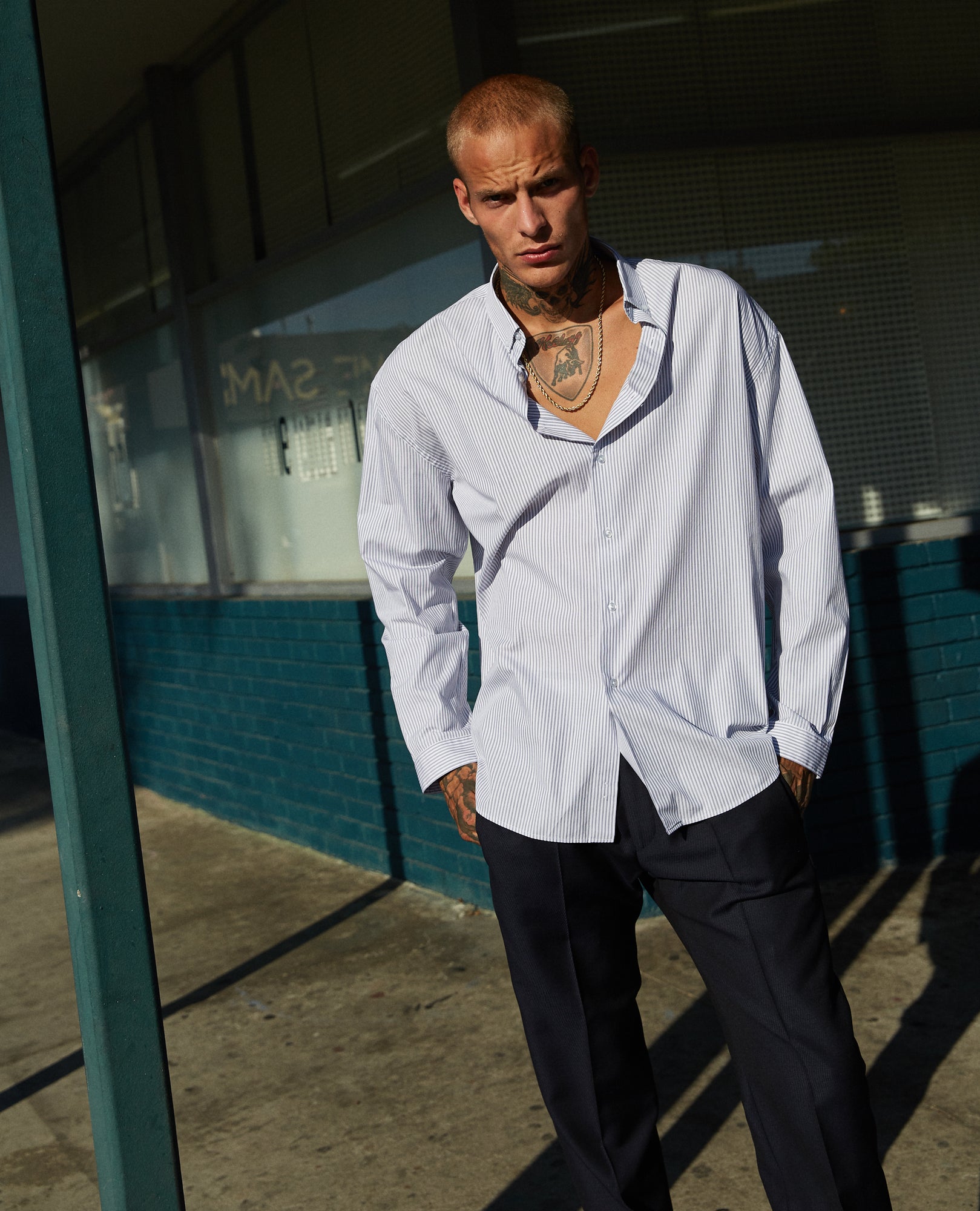 Oversized Blue And Striped Cotton Shirt | Men | Black x White