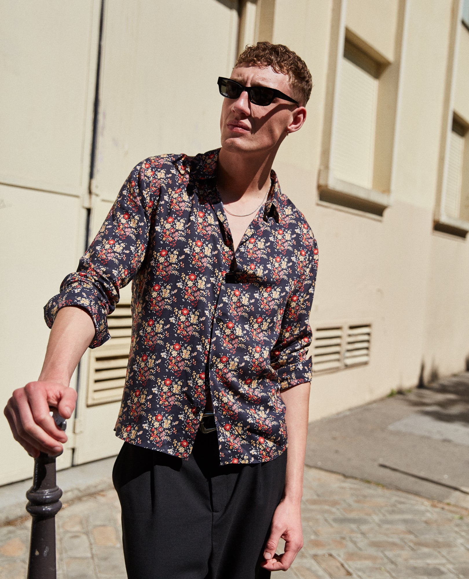 Blue Floral Long Slim-Fit Shirt | Men | Black x Red x Yellow