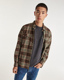 Green Check Shirt In Flannel | Men | Brown x Beige