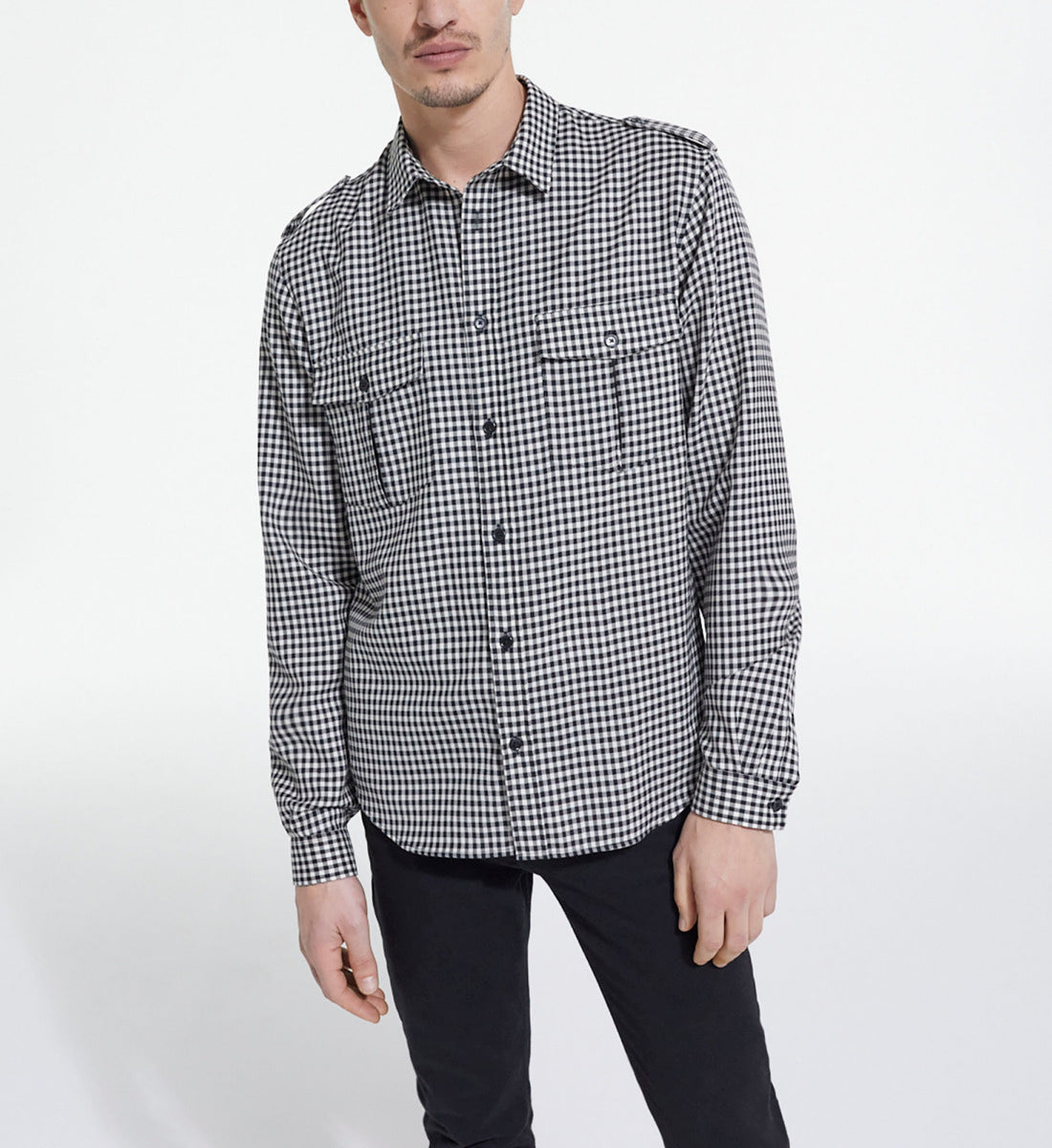 Check Wool Shirt With Classic Collar | Men | Black x White