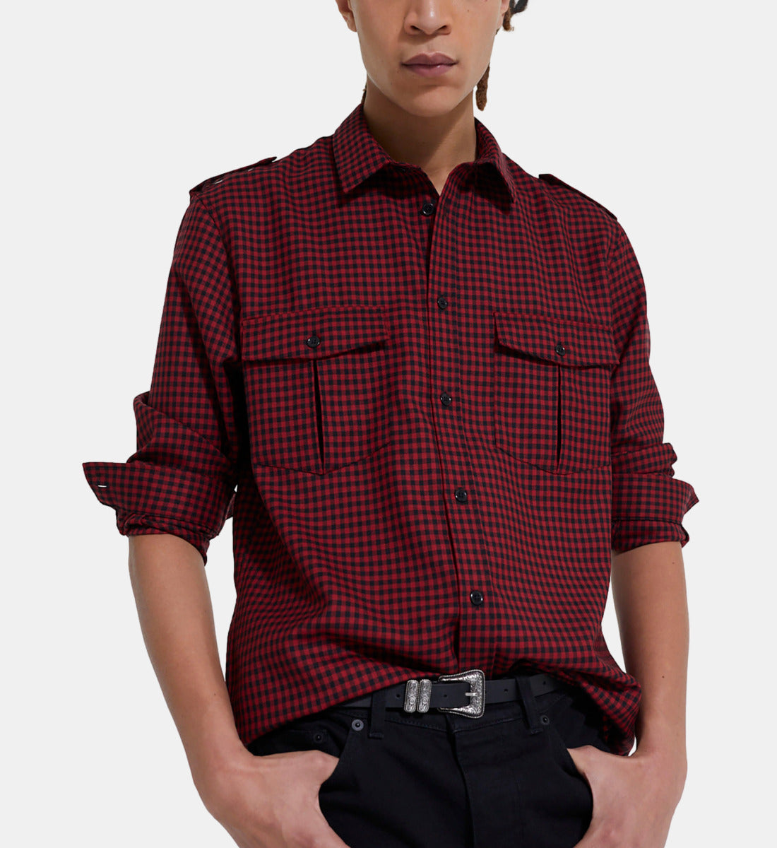 Check Wool Shirt With Classic Collar | Men | Red x Black