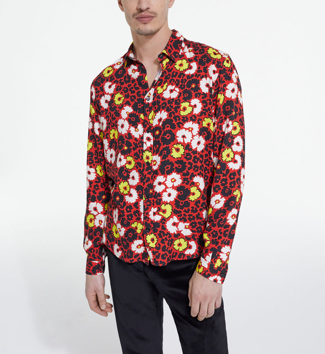 Floral Print Shirt With Classic Collar | Men | Multicolorlor x Red