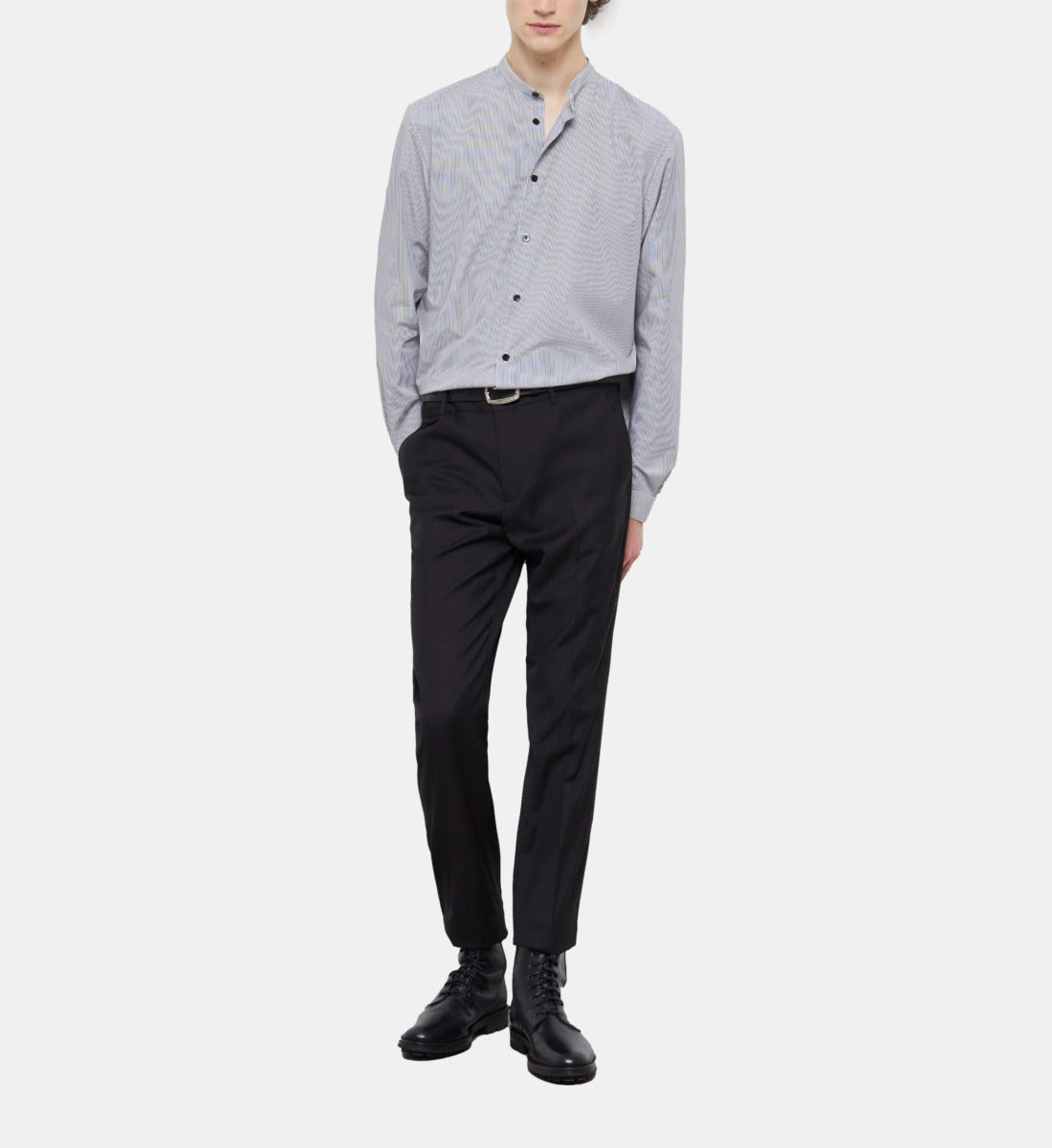 Slim-Fit Striped Shirt With Officer Collar | Men | Black x White