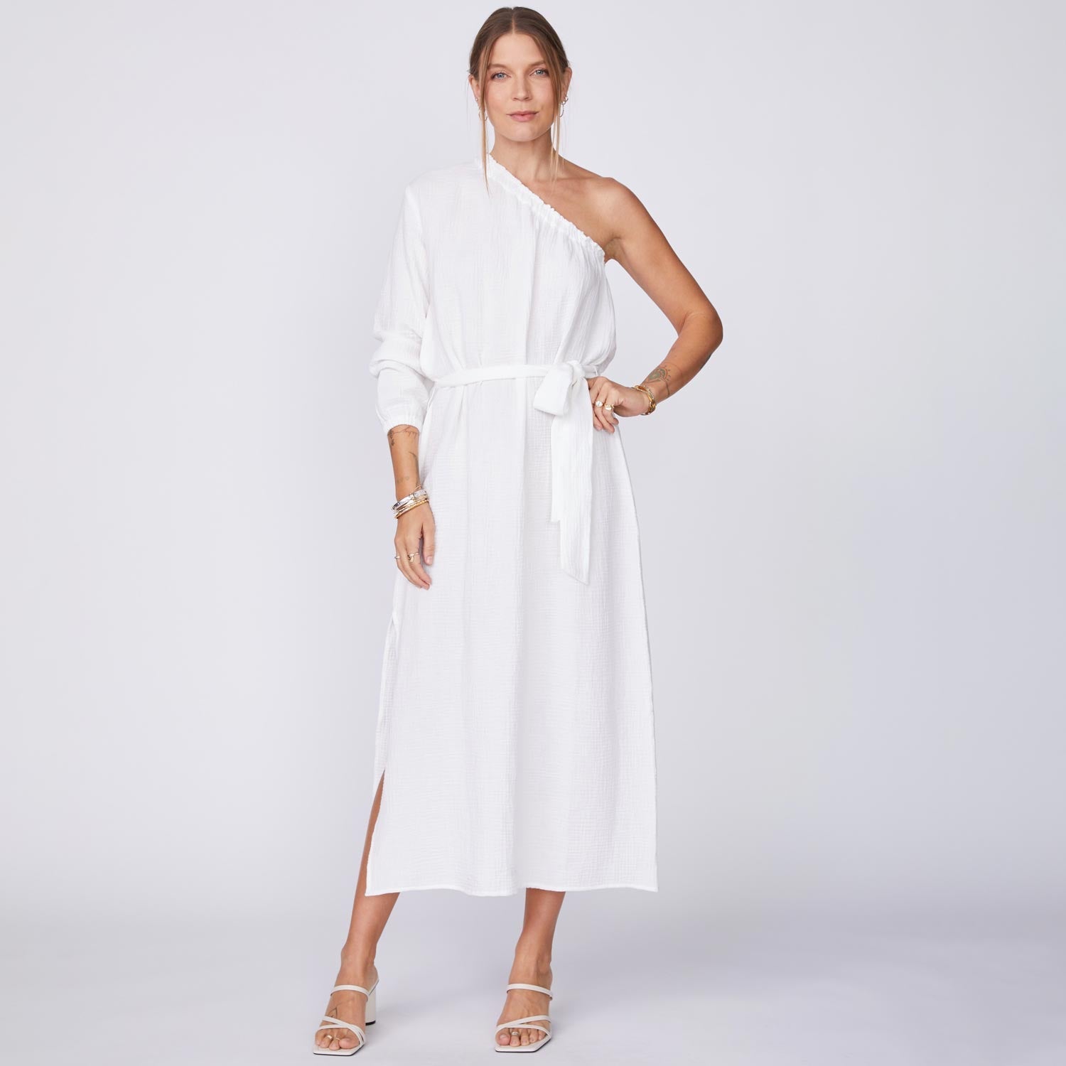 Front View of Model wearing the Gauze One Shoulder Dress in White