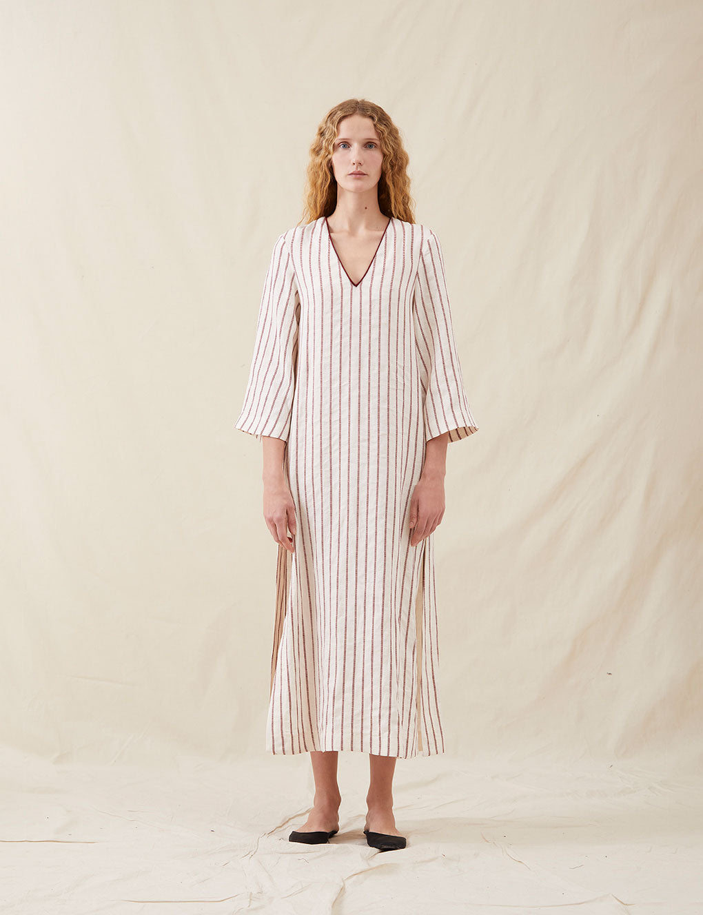 Womens | The Long Caftan In Ticking Stripe | Washed Burgundy
