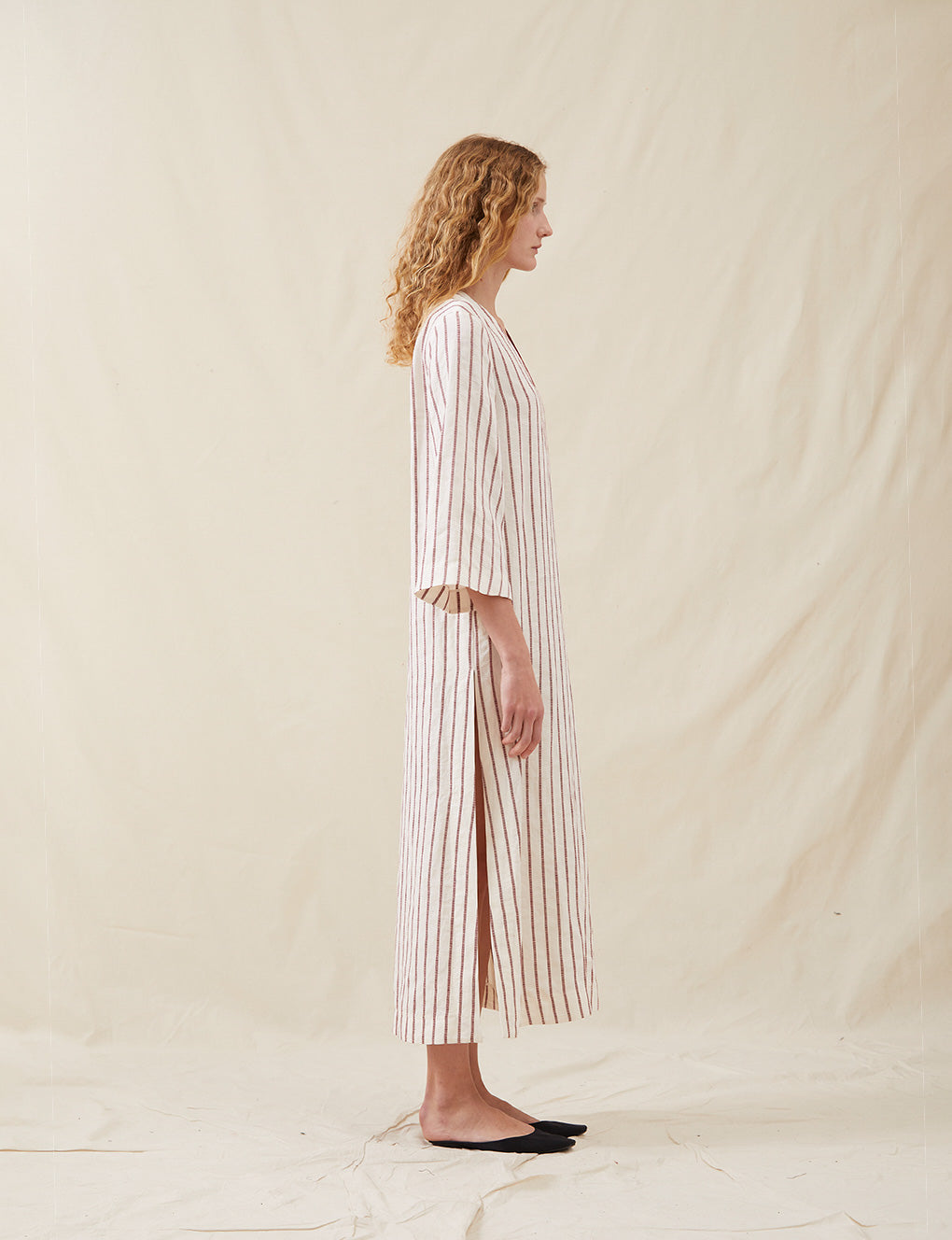Womens | The Long Caftan In Ticking Stripe | Washed Burgundy