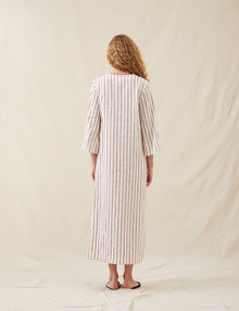 Womens | The Long Caftan In Ticking Stripe | Washed Burgundy