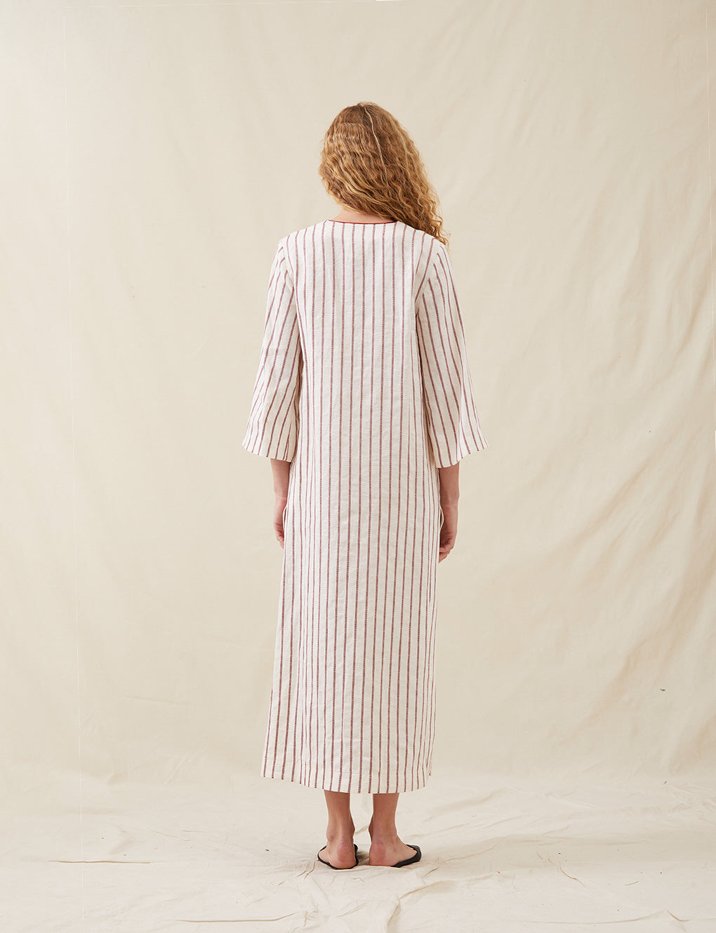 Womens | The Long Caftan In Ticking Stripe | Washed Burgundy