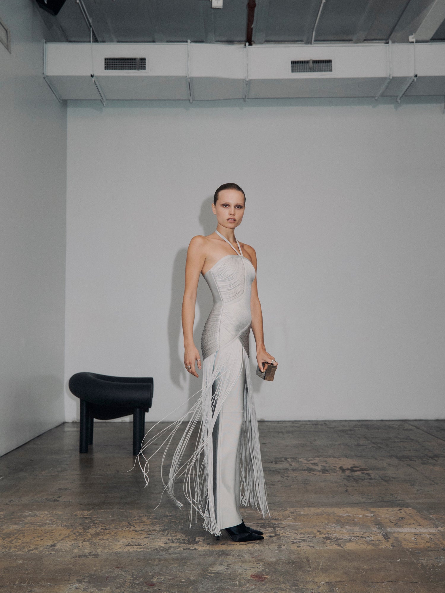 Asymmetric Draped Fringe Halter Gown | Mist