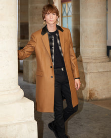 Leather Collar Belted Long Wool Coat | Men | Camel