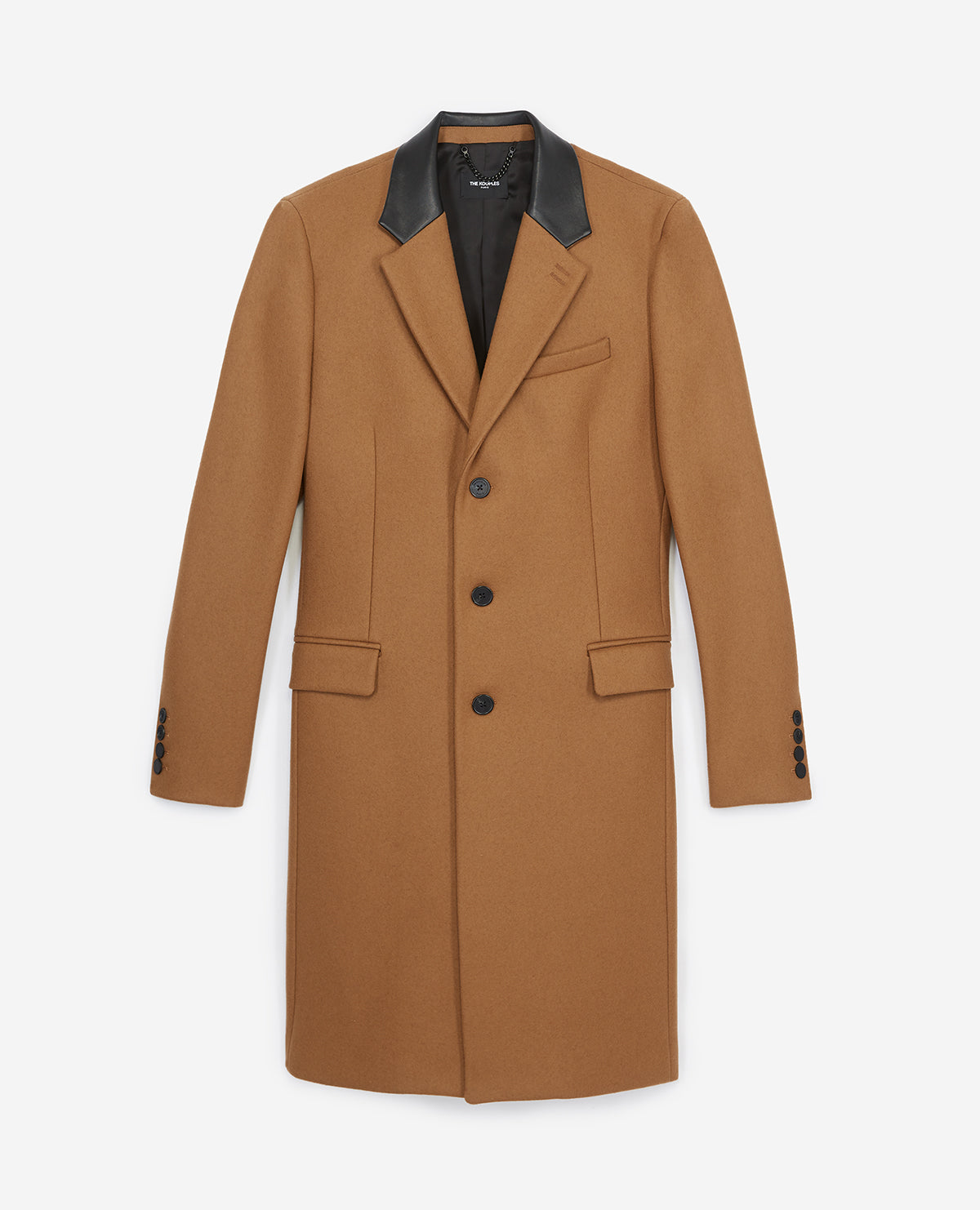 Leather Collar Belted Long Wool Coat | Men | Camel