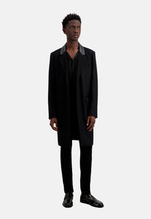 Long Coat In Wool Blend With Leather Details | Men | Black