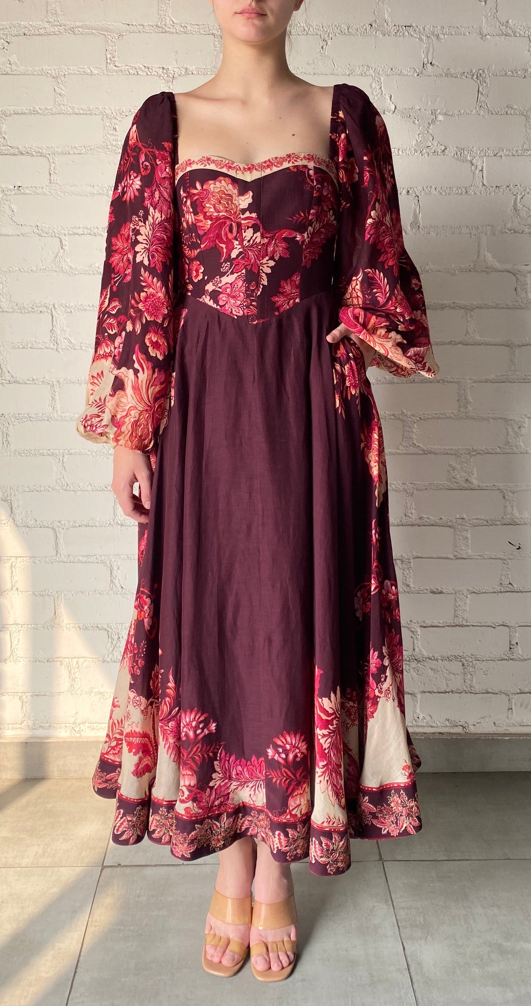 Hemant & Nandita | Aafa Floral Midi Dress | Burgundy