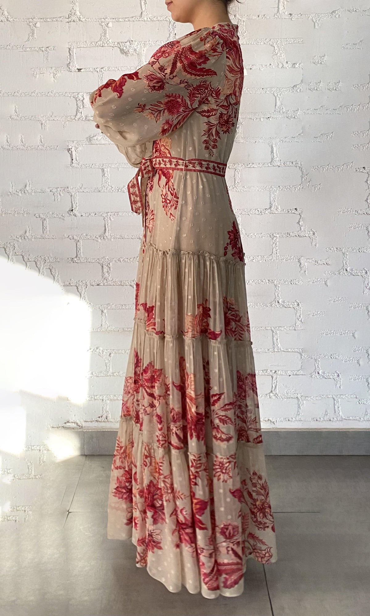 Hemant And Nandita | Aafa Viscose Georgette Stripe Lurex Long Shirt Dress With Tie Up Belt And Slip | Red Beige