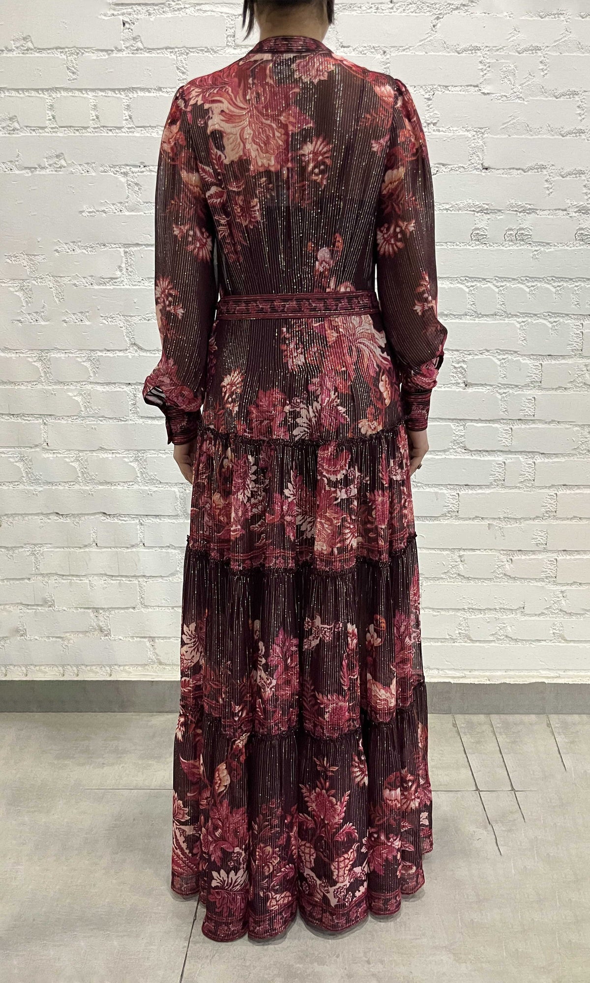 Hemant And Nandita | Aafa Viscose Georgette Stripe Lurex Long Shirt Dress With Tie Up Belt And Slip | Burgundy