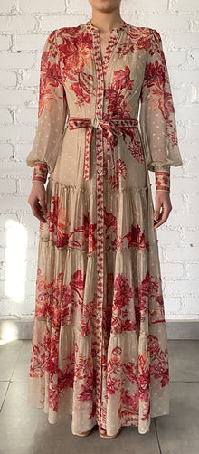 Hemant & Nandita | Aafa Long Shirt Dress With Tie Up Belt | Red/Beige