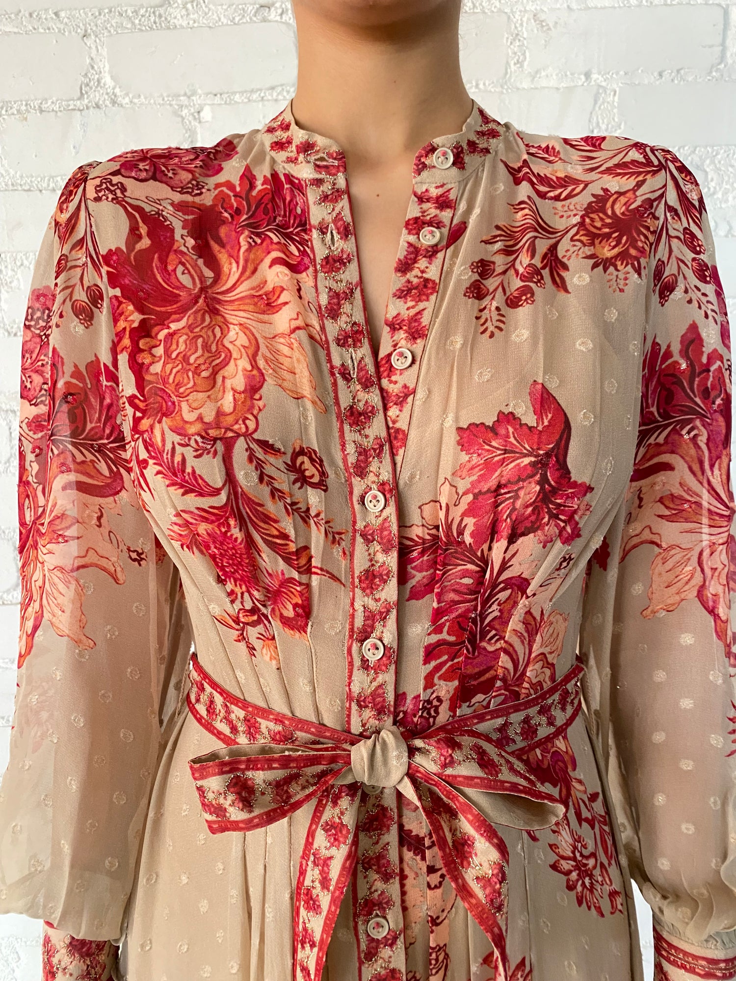 Hemant & Nandita | Aafa Long Shirt Dress With Tie Up Belt | Red/Beige