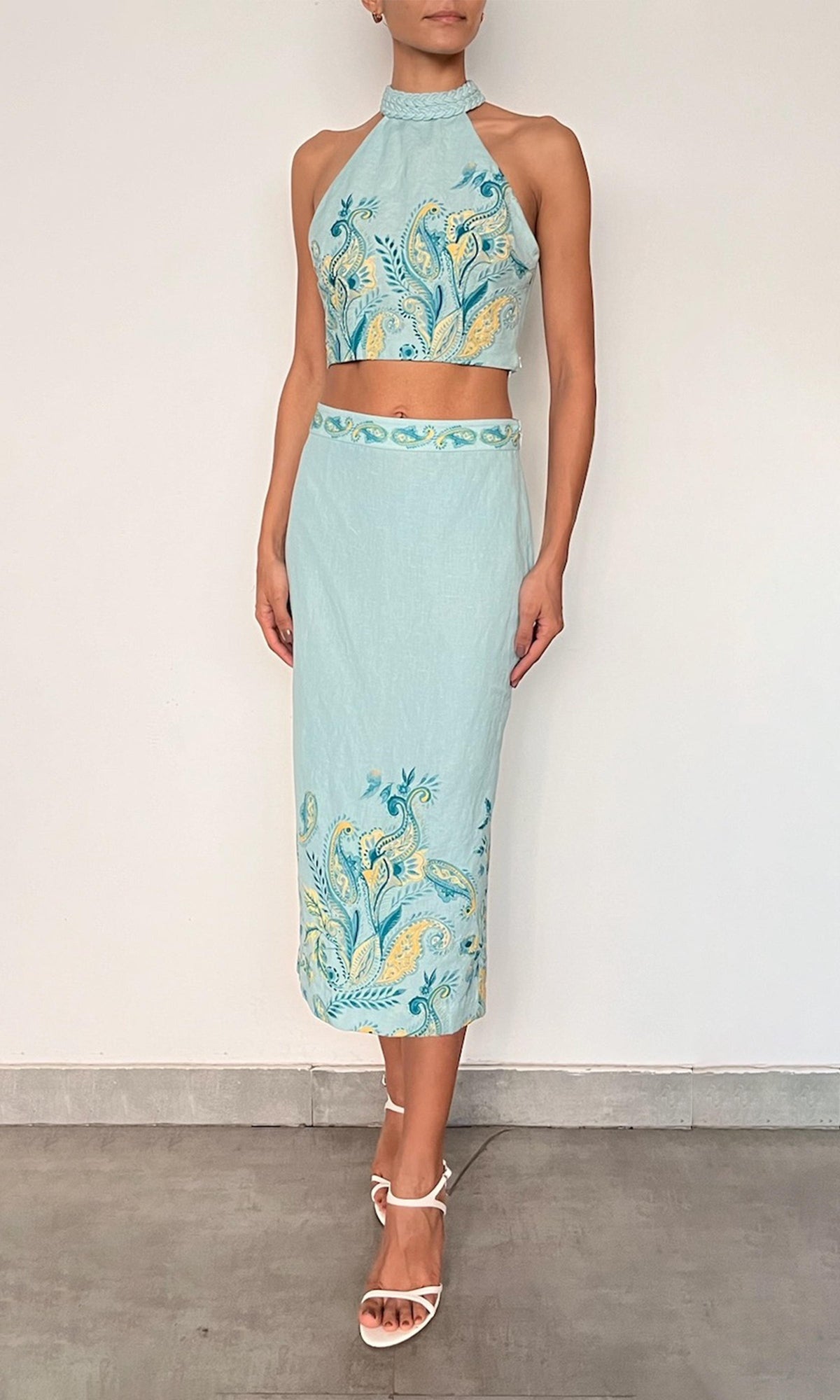 Hemant And Nandita | Amari Linen Cotton Fitted Midi Skirt | Turquoise Multi