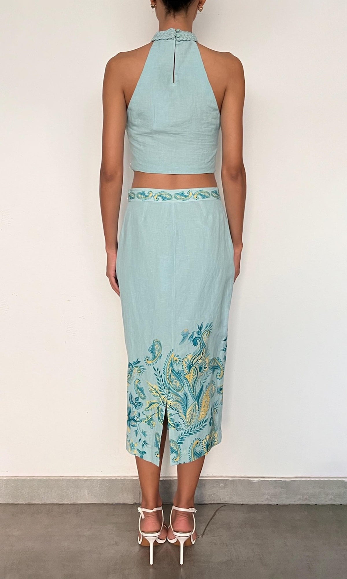 Hemant And Nandita | Amari Linen Cotton Fitted Midi Skirt | Turquoise Multi