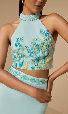 Womens | Amari Linen Cotton Halter Neck Top | Turquoise Multi