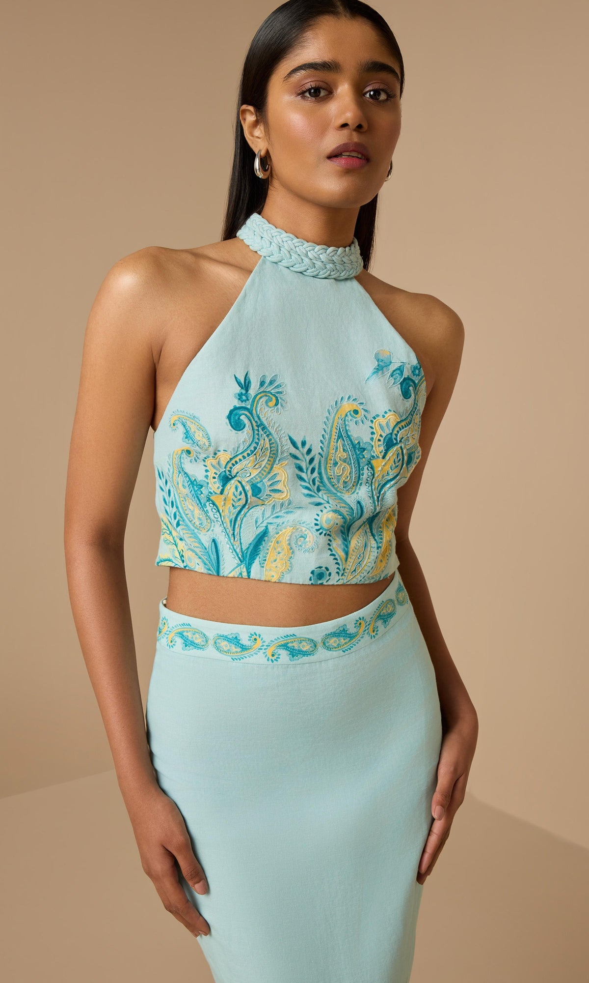 Womens | Amari Linen Cotton Halter Neck Top | Turquoise Multi