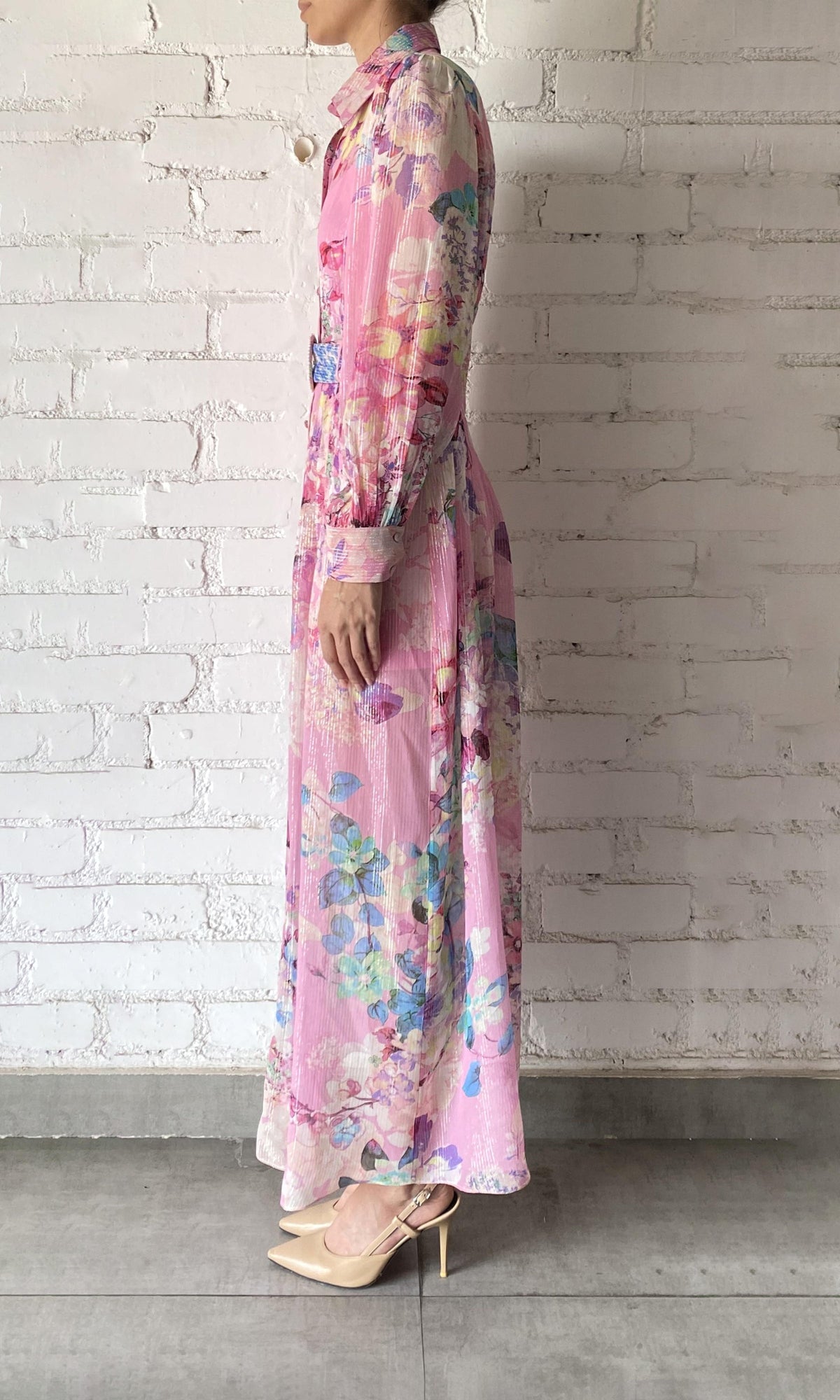 Hemant And Nandita | April Cotton Linen Long Dress | Pink Floral