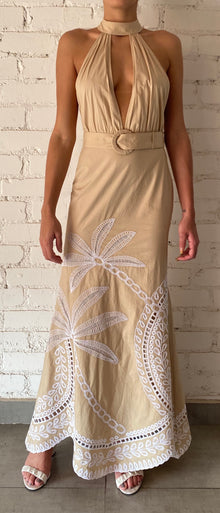 Hemant & Nandita | Ari Halter-Neck Back-Button Side Zipper Long Dress | Beige