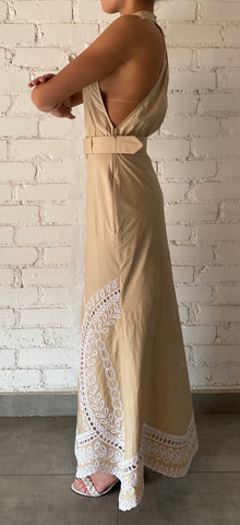 Hemant & Nandita | Ari Halter-Neck Back-Button Side Zipper Long Dress | Beige