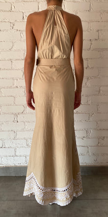 Hemant & Nandita | Ari Halter-Neck Back-Button Side Zipper Long Dress | Beige