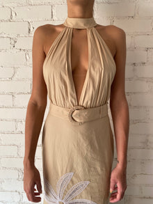 Hemant & Nandita | Ari Halter-Neck Back-Button Side Zipper Long Dress | Beige