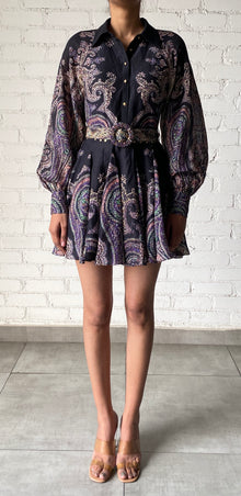 Hemant & Nandita | Akra Collared Button-Down Belted Short Dress | Black Multi