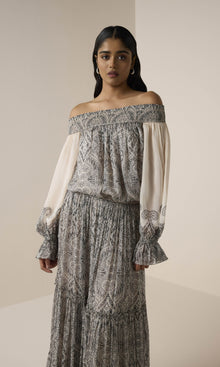 Womens | Chavi Viscose Flat Chiffon Smocked Detail Off Shoulder Top | Eggshell