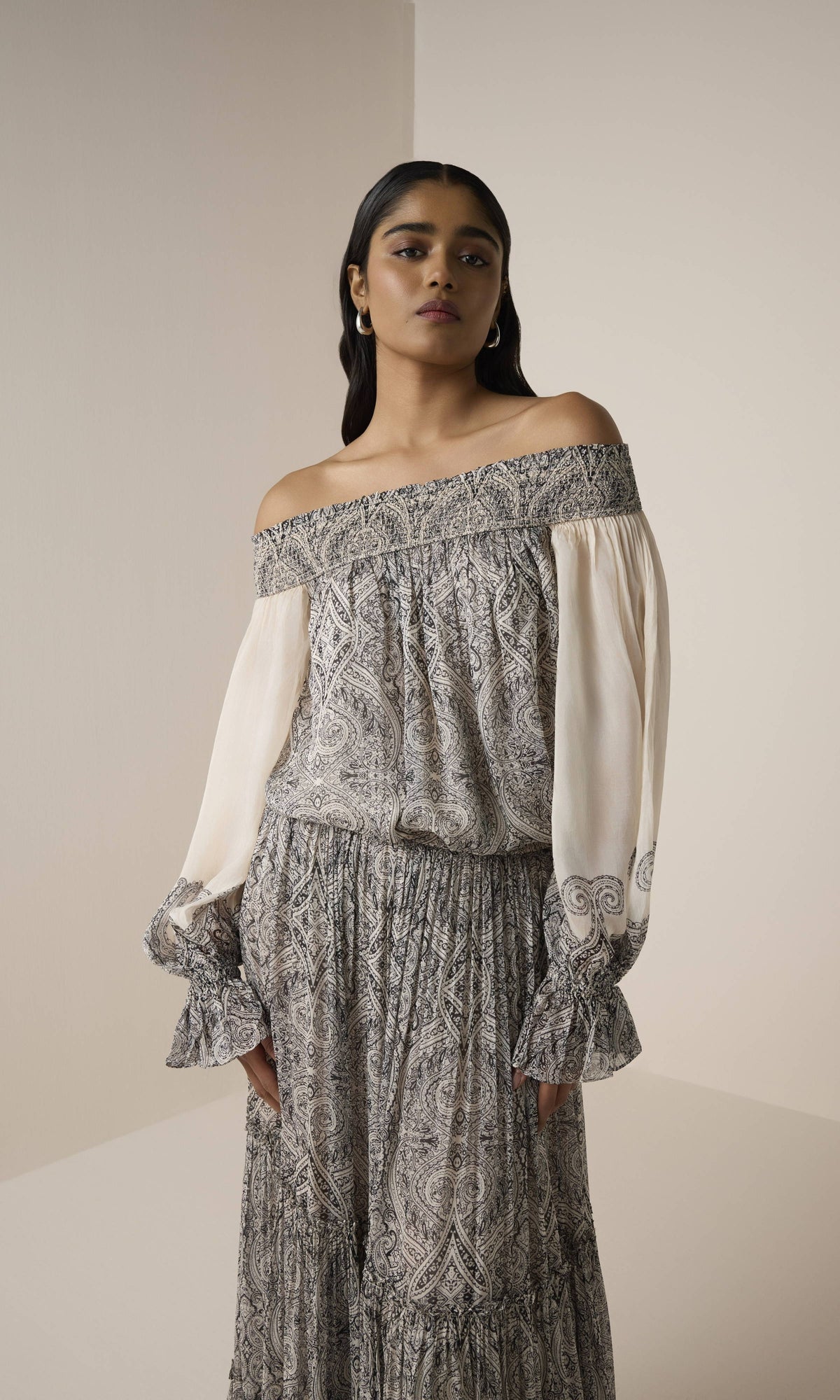 Womens | Chavi Viscose Flat Chiffon Smocked Detail Off Shoulder Top | Eggshell