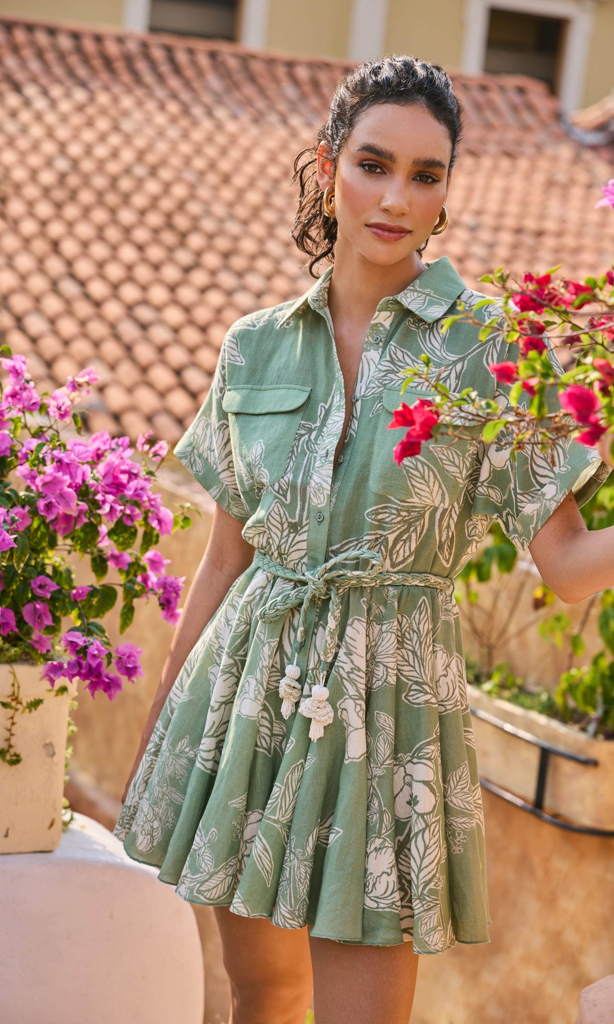 Hemant And Nandita | Dara Linen Cotton Short Dress With Tie Up Belt | Green