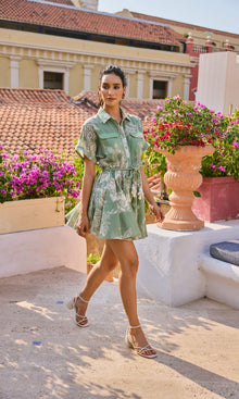 Hemant And Nandita | Dara Linen Cotton Short Dress With Tie Up Belt | Green