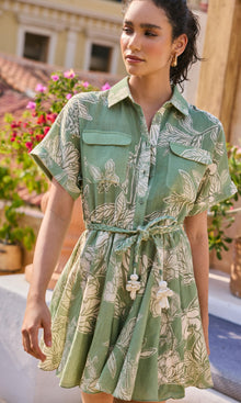 Hemant And Nandita | Dara Linen Cotton Short Dress With Tie Up Belt | Green
