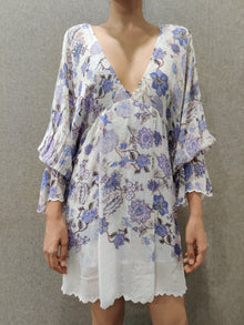 Hemant & Nandita | Dija V-Neck Long-Sleeve Short Dress | Iris/White