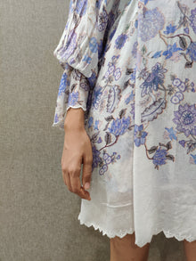 Hemant & Nandita | Dija V-Neck Long-Sleeve Short Dress | Iris/White
