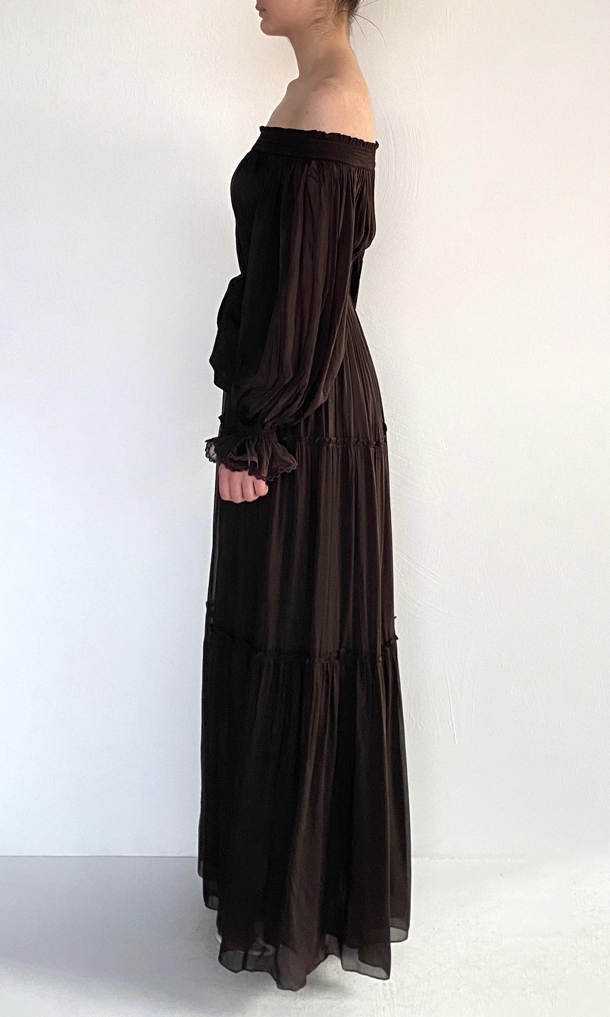 Hemant And Nandita | Dira Viscose Flat Chiffon Maxi Dress | Dark Brown