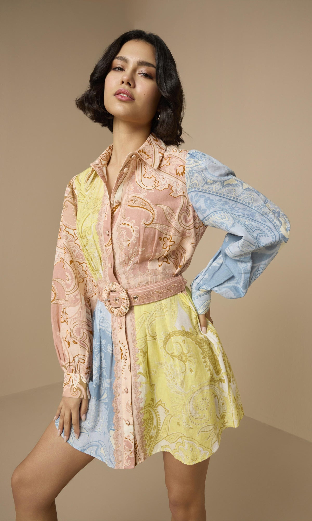 Hemant And Nandita | Fiza Linen Cotton Short Dress With Buckle Belt | Multi