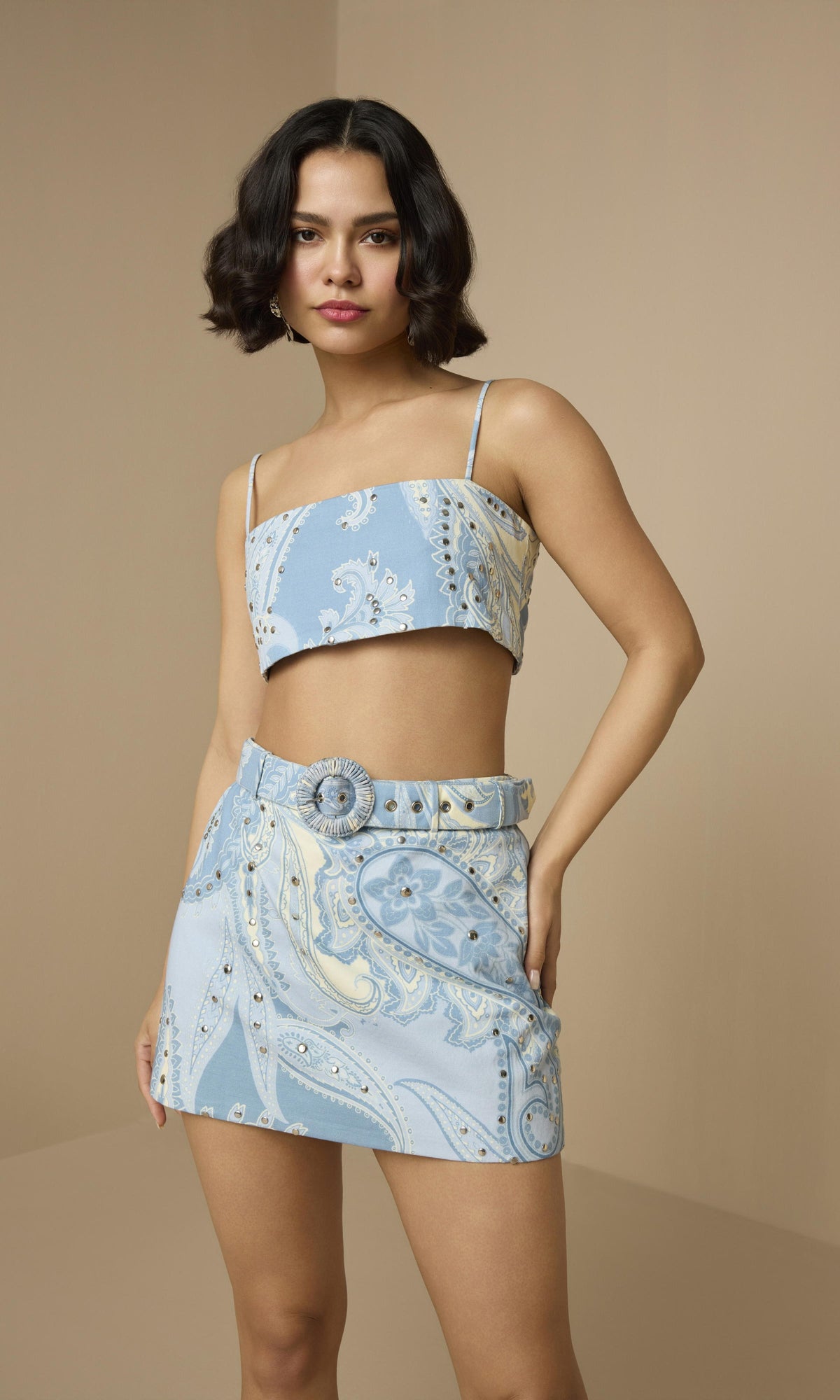 Hemant And Nandita | Fiza Cotton Twill Mini Skirt With Buckle Belt | Powder Blue