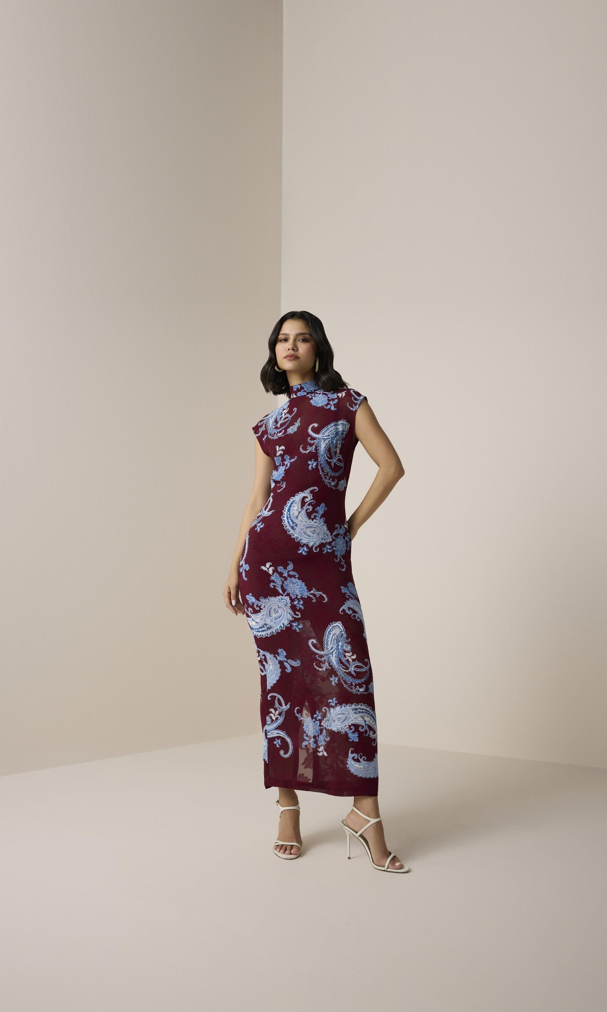 Hemant And Nandita | Hiba Viscose Georgette Jacquard Long Dress | Merlot