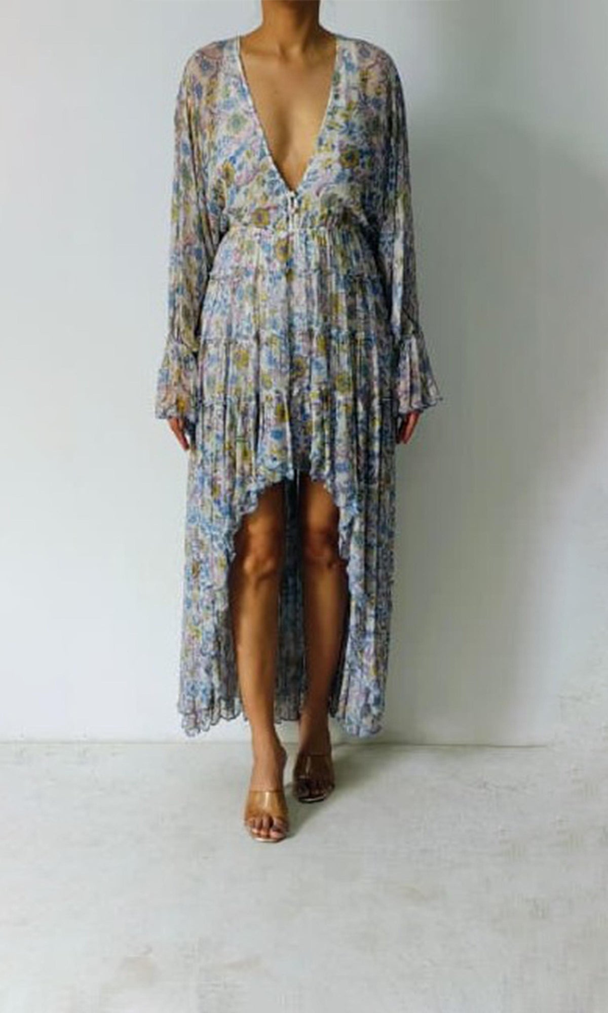 Womens | Inv Viscose Shiffone Deep Neck Long Dress | Light Blue