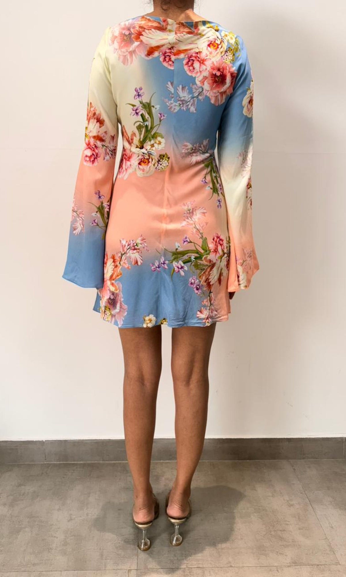 Hemant And Nandita | Inv Viscose Heavy Crepe Short Dress With Flared Bell Sleeves | Pink Floral