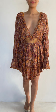 Hemant & Nandita | Deep V-Neck Long-Sleeve Floral Print Short Dress | Brown