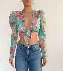 Hemant & Nandita | V-Neck Long-Sleeve Crop Top | Green