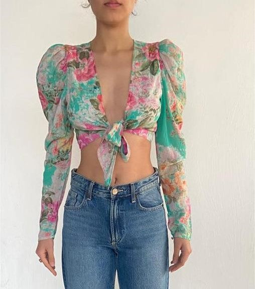 Hemant & Nandita | V-Neck Long-Sleeve Crop Top | Green