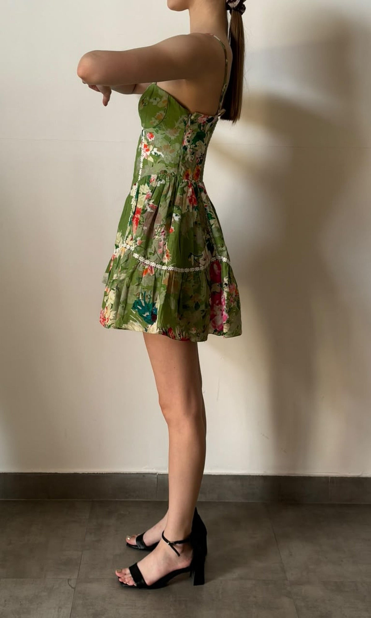 Hemant And Nandita | Inv Linen Cotton Spaghetti Strap Short Dress | Green Floral