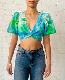 Hemant & Nandita | V-Neck Bubble-Sleeve Crop Top | Green